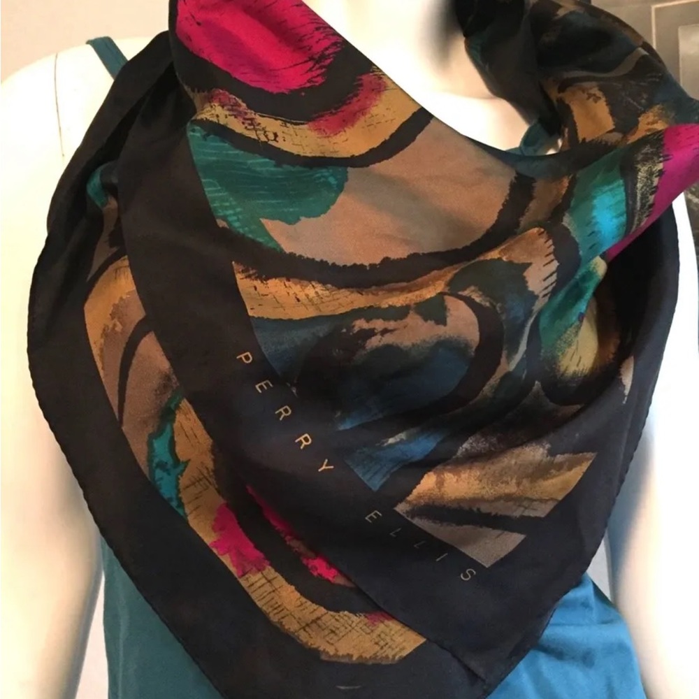 PERRY ELLIS 31 x 31" Multi-Color Geometric Print SCARF 1980'S